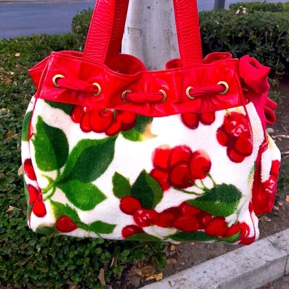 Y2K Juicy Couture CHERRY PRINT VELOUR TERRY DAYDREAMER WEEKENDER BAG CHERRIES - Picture 4 of 15